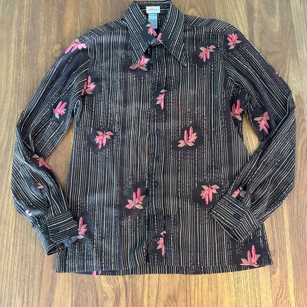 Vintage Brown Silk Floral-Print Long-Sleeve Shirt